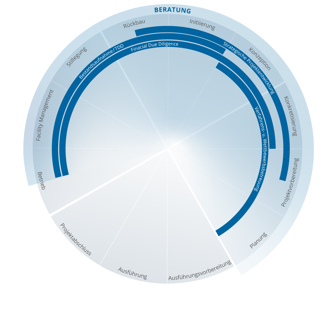 Grafische Darstellung der Immobilienberatung mit strategischer Projektentwicklung, Financial Due Diligence und Beratung über alle Projektphasen